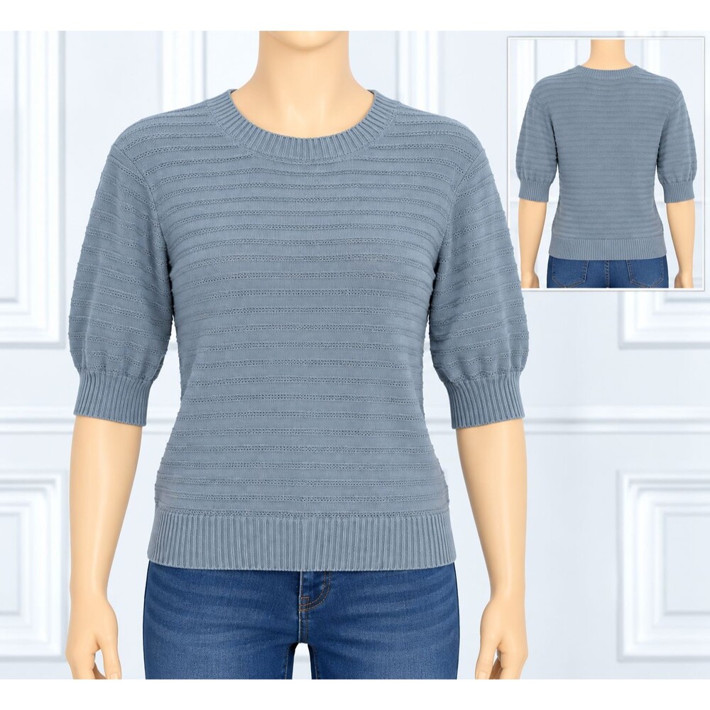 Frye Womens Sweater S Light Blue Gray Textured Knit Short Sleeve Crewneck NWT